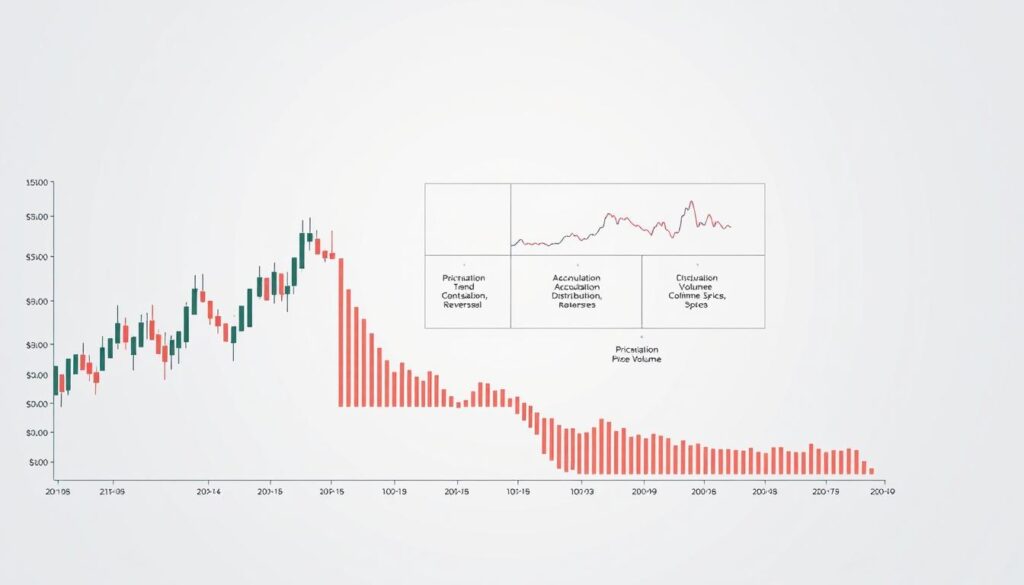 A detailed price-volume chart depicting the complex relationships between asset prices and trading volumes. The foreground features a dynamic line graph with candlestick-style price bars and an overlaid volume histogram, rendered in a minimalist yet informative style. The middle ground showcases a schematic illustrating common price-volume patterns associated with trend continuations and reversals, such as accumulation, distribution, and climactic volume spikes. The background is a soft, muted gradient, allowing the data visualizations to take center stage. Captured with a clean, technical aesthetic under consistent, neutral studio lighting to emphasize the analytical nature of the subject matter. A detailed price-volume chart depicting the complex relationships between asset prices and trading volumes. The foreground features a dynamic line graph with candlestick-style price bars and an overlaid volume histogram, rendered in a minimalist yet informative style. The middle ground showcases a schematic illustrating common price-volume patterns associated with trend continuations and reversals, such as accumulation, distribution, and climactic volume spikes. The background is a soft, muted gradient, allowing the data visualizations to take center stage. Captured with a clean, technical aesthetic under consistent, neutral studio lighting to emphasize the analytical nature of the subject matter.