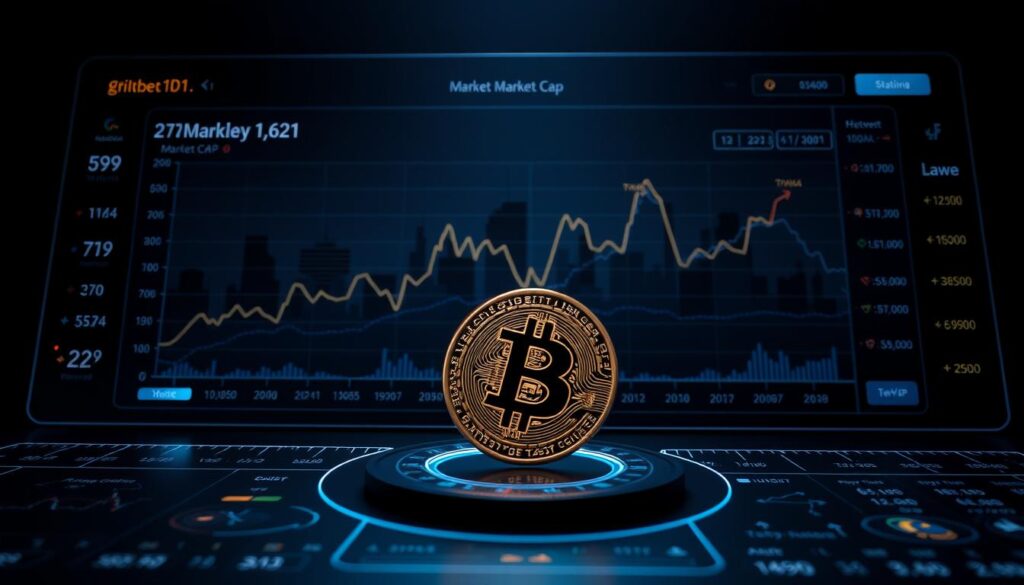 A detailed, real-time visualization of the global cryptocurrency market capitalization trends. Displayed on a sleek, holographic dashboard with a dark, futuristic aesthetic. The main graph shows the overall market cap fluctuations over time, with interactive data points highlighting key events and milestones. In the foreground, a 3D model of a Bitcoin token rotates subtly, casting dynamic shadows. The background features a cityscape silhouette, conveying the widespread adoption and integration of digital assets. Soft neon lights and a moody color palette create an atmosphere of technological sophistication and financial innovation.