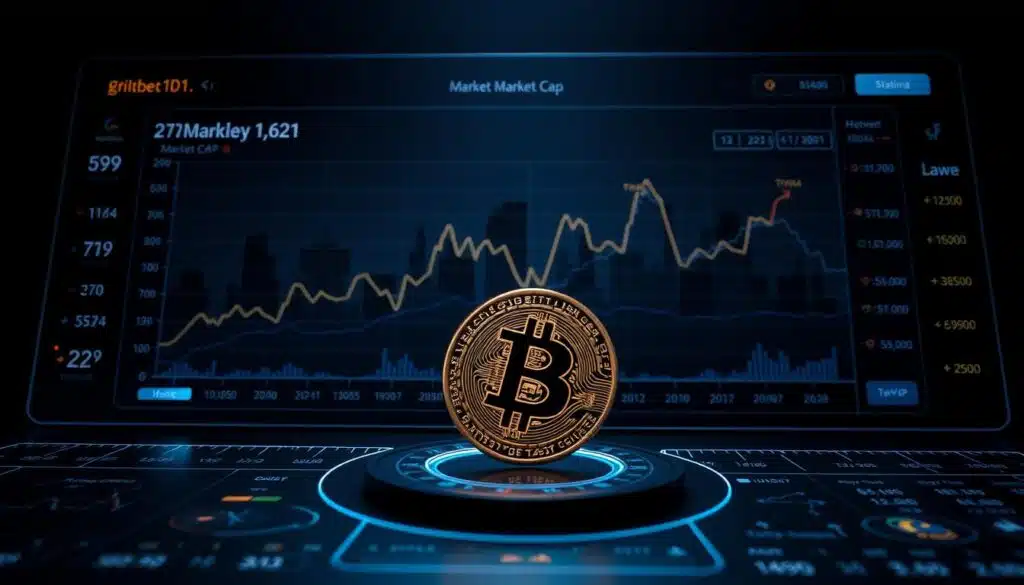 A detailed, real-time visualization of the global cryptocurrency market capitalization trends. Displayed on a sleek, holographic dashboard with a dark, futuristic aesthetic. The main graph shows the overall market cap fluctuations over time, with interactive data points highlighting key events and milestones. In the foreground, a 3D model of a Bitcoin token rotates subtly, casting dynamic shadows. The background features a cityscape silhouette, conveying the widespread adoption and integration of digital assets. Soft neon lights and a moody color palette create an atmosphere of technological sophistication and financial innovation.