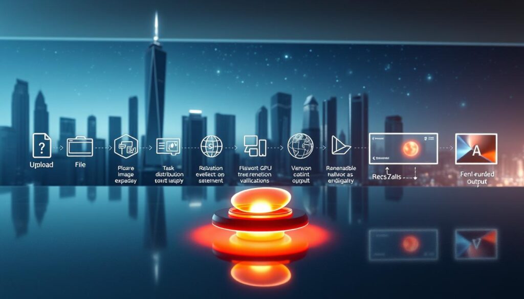A detailed render job pipeline visualizing the workflow from image upload to verified GPU-accelerated output. In the foreground, a glowing 3D model of a digital asset rotates on a sleek, reflective surface. In the middle ground, a series of icons and data visualizations depict the various stages of the render process - file encoding, task distribution, network validation, and final rendered output. The background features a futuristic cityscape with towering skyscrapers and a starry night sky, conveying a sense of technological sophistication and scale. Cinematic lighting creates dramatic shadows and highlights, while a cool color palette evokes a sense of precision and computational power.