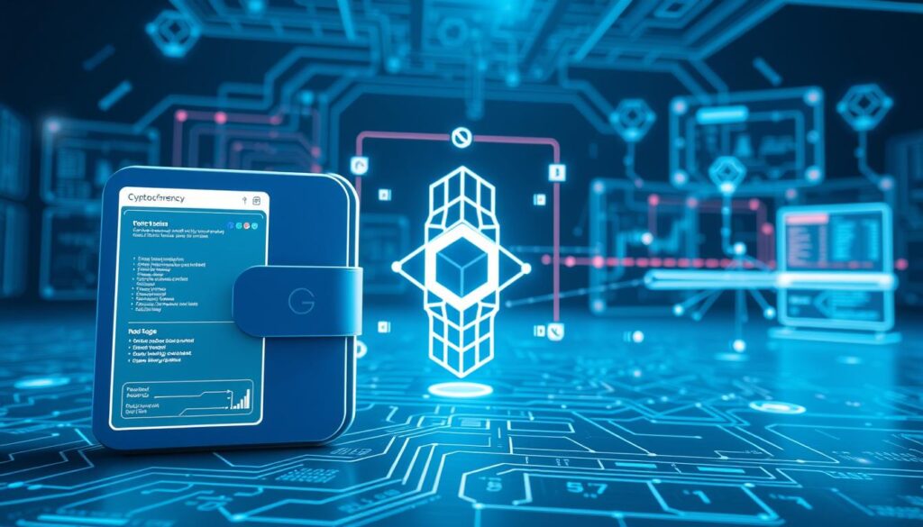 A detailed schematic diagram depicting the fundamental concepts and components of cryptocurrency. In the foreground, a sleek and modern-looking cryptocurrency wallet interface, showcasing a clean user experience. In the middle ground, a visual representation of blockchain technology, with interlocking blocks and cryptographic hashes. In the background, a network of nodes and a digital trading platform, illustrating the decentralized nature of the crypto ecosystem. The entire scene is bathed in a cool, futuristic color palette, with subtle neon accents and a sense of technological sophistication. The lighting is crisp and directional, highlighting the various elements and creating a sense of depth and dimension. The overall mood is one of innovation, security, and the transformative potential of cryptocurrency.