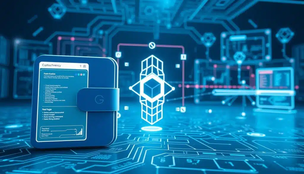 A detailed schematic diagram depicting the fundamental concepts and components of cryptocurrency. In the foreground, a sleek and modern-looking cryptocurrency wallet interface, showcasing a clean user experience. In the middle ground, a visual representation of blockchain technology, with interlocking blocks and cryptographic hashes. In the background, a network of nodes and a digital trading platform, illustrating the decentralized nature of the crypto ecosystem. The entire scene is bathed in a cool, futuristic color palette, with subtle neon accents and a sense of technological sophistication. The lighting is crisp and directional, highlighting the various elements and creating a sense of depth and dimension. The overall mood is one of innovation, security, and the transformative potential of cryptocurrency.