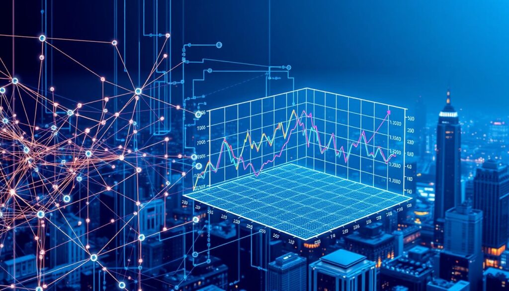 A detailed schematic diagram depicting the intricate workings of a machine learning algorithm for cryptocurrency price prediction. The foreground features a series of interconnected nodes and data streams, symbolizing the neural network architecture. In the middle ground, a three-dimensional graph showcases historical price trends and patterns, with various colored lines representing different cryptocurrencies. The background is a futuristic cityscape, hinting at the real-world applications of this technology. The scene is bathed in a cool, blue-toned lighting, conveying a sense of precision and technological sophistication. The overall composition emphasizes the complex, data-driven nature of machine learning-based cryptocurrency price prediction models.