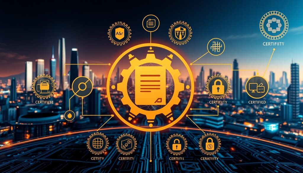 A detailed schematic diagram of cryptocurrency certification requirements, showcased against a backdrop of a futuristic, tech-infused landscape. In the foreground, a central certificate icon is prominently displayed, surrounded by interconnected gears and circuit elements, symbolizing the intricate mechanics of the certification process. The middle ground features various certification seals, badges, and security icons, arranged in a visually striking and organized manner. In the background, a cityscape of gleaming skyscrapers and a network of digital pathways create a sense of a thriving, technologically advanced environment. The overall atmosphere conveys a sense of professionalism, innovation, and the importance of adhering to cryptocurrency industry standards.