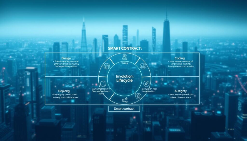 A detailed schematic illustration of the smart contract development lifecycle, showcasing the key stages in a clean, organized layout. The foreground depicts a central smart contract diagram with distinct phases, such as design, coding, testing, deployment, and maintenance, each represented by clear iconography and concise labels. The middle ground features a backdrop of futuristic, minimalist city skylines, with glowing digital infrastructure and ethereal energy fields to convey the technological nature of the subject. Soft, diffused lighting creates a serene, professional atmosphere, while a subtle color palette of blues, grays, and subtle highlights enhances the technical, cutting-edge feel. The overall composition strikes a balance between functional clarity and visually compelling aesthetics.