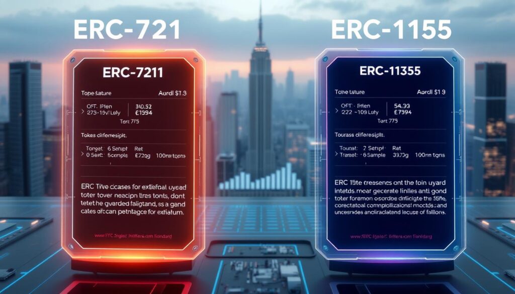 A detailed side-by-side comparison of the ERC-721 and ERC-1155 NFT standards, depicted with technical precision. In the foreground, two adjacent holographic displays showcase the distinct token structures and metadata of each standard, illuminated by a warm, diffused lighting. The middle ground features a minimalist data visualization, illustrating the key differences in features and use cases. The background is a sleek, futuristic cityscape, conveying the cutting-edge technology and innovation inherent in these evolving NFT standards. The overall atmosphere is one of informative clarity, emphasizing the technical nuances that define these two powerful blockchain-based token protocols. A detailed side-by-side comparison of the ERC-721 and ERC-1155 NFT standards, depicted with technical precision. In the foreground, two adjacent holographic displays showcase the distinct token structures and metadata of each standard, illuminated by a warm, diffused lighting. The middle ground features a minimalist data visualization, illustrating the key differences in features and use cases. The background is a sleek, futuristic cityscape, conveying the cutting-edge technology and innovation inherent in these evolving NFT standards. The overall atmosphere is one of informative clarity, emphasizing the technical nuances that define these two powerful blockchain-based token protocols.