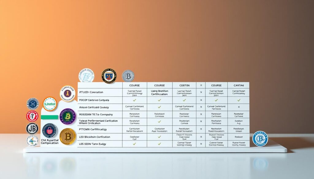 A detailed, side-by-side comparison of various blockchain certification programs, displayed on a sleek, minimalist table-like structure. The foreground features an array of certification logos, emblems, and icons, neatly arranged to highlight their unique characteristics and differences. The middle ground showcases a clean, data-driven layout with columns outlining key criteria such as course duration, cost, certifying body, and industry recognition. The background features a subtle, muted gradient that provides a sense of depth and professionalism, allowing the certification details to take center stage. Warm, balanced lighting casts a professional, authoritative tone, while the overall composition conveys a sense of clarity, credibility, and industry-leading expertise.