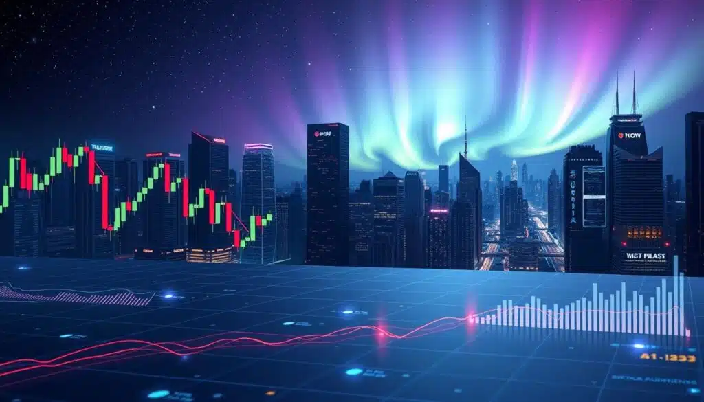 A detailed technical chart against a backdrop of a futuristic cityscape, illuminated by the glow of digital displays and holographic projections. In the foreground, candlestick charts, price lines, and technical indicators dance across a sleek, minimalist interface, conveying the intricacies of cryptocurrency analysis. The midground features a cityscape of towering skyscrapers, their facades adorned with cascading data streams and neon-lit logos, representing the dynamic, ever-evolving nature of the crypto market. In the background, a starry night sky and a shimmering aurora borealis create an atmospheric, almost mystical ambiance, hinting at the profound complexities and untapped potential of the digital currency landscape.