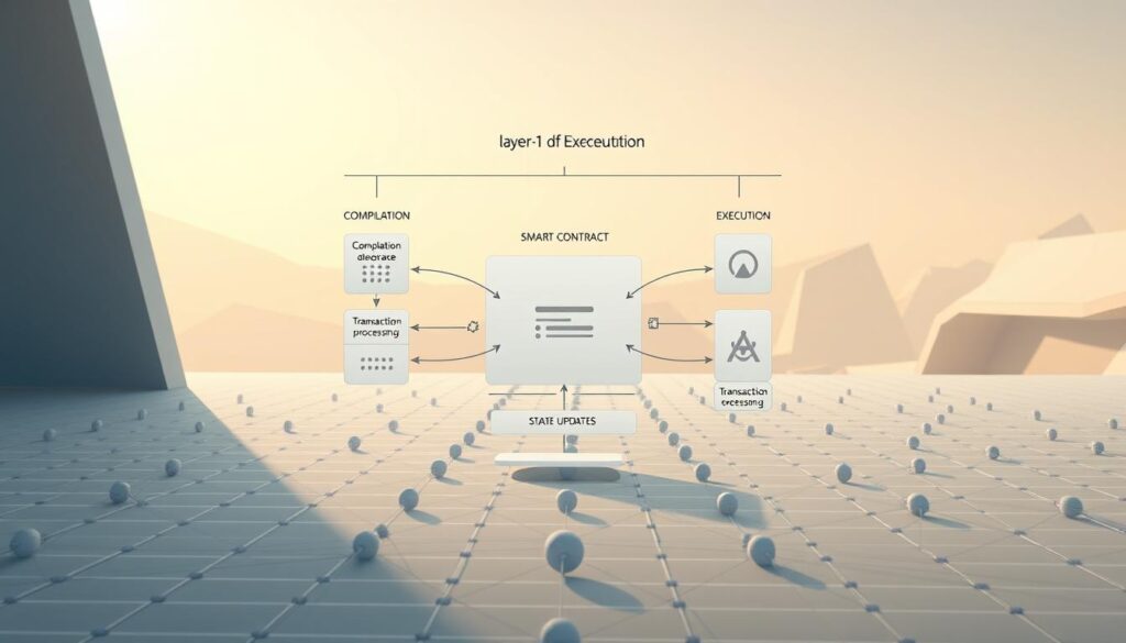 A detailed technical diagram depicting the execution of smart contracts, rendered in a clean, minimalist style. The foreground shows a central smart contract model, surrounded by modular components representing the different stages of execution - compilation, deployment, transaction processing, and state updates. The middle ground features a grid-like structure representing the underlying blockchain infrastructure, with nodes and communication pathways. The background has a subtle, futuristic landscape with geometric architecture and a warm, neutral color palette, conveying a sense of technological sophistication. The lighting is soft and diffused, creating a sense of depth and emphasizing the technical details. The overall composition is balanced and visually striking, designed to clearly illustrate the concepts of AI-ready smart contracts and Layer-1 infrastructure.