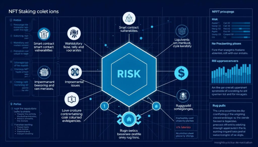 A detailed technical diagram depicting the various risks associated with NFT staking. The foreground features a central hexagonal risk indicator, surrounded by icons representing risks such as smart contract vulnerabilities, liquidity issues, impermanent loss, and rug pulls. The middle ground showcases a network of interconnected nodes, illustrating the complex ecosystem of NFT staking platforms and their interdependencies. The background features a gridded data visualization, highlighting statistical insights into the prevalence and severity of these risks. The overall composition conveys a sense of analytical rigor, with a color palette dominated by blues and grays to evoke a tone of cautious assessment.