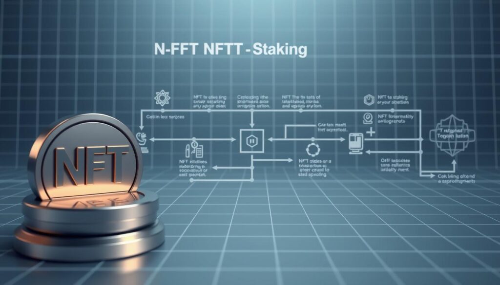 A detailed technical diagram illustrating the NFT staking process. In the foreground, a stylized 3D representation of an NFT token, depicted with a metallic, reflective surface. In the middle ground, a series of interconnected steps and actions, represented by geometric shapes and icons, demonstrating the flow of the staking procedure. The background features a clean, minimalist grid or wireframe layout, with subtle gradients and lighting effects to create depth and a sense of digital space. The overall tone is informative, yet visually striking, with a balance of technical precision and artistic flair to effectively convey the concepts of NFT staking.
