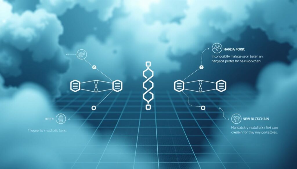 A detailed technical diagram showcasing the concept of a hard fork in blockchain technology. The image depicts a central blockchain network with a clear bifurcation, representing the divergent paths taken by the original chain and the newly created one. The foreground features sleek, minimalist icons and infographic elements that visually explain the key characteristics of a hard fork, such as incompatibility, mandatory upgrade, and the creation of a new blockchain. The middle ground displays a grid-like pattern, alluding to the underlying data structures and protocols. The background is shrouded in a cool, monochromatic color palette, emphasizing the technical and engineering-focused nature of the subject matter. The overall composition aims to provide a clear, concise, and visually engaging representation of the hard fork concept within the context of blockchain architecture and upgrades.
