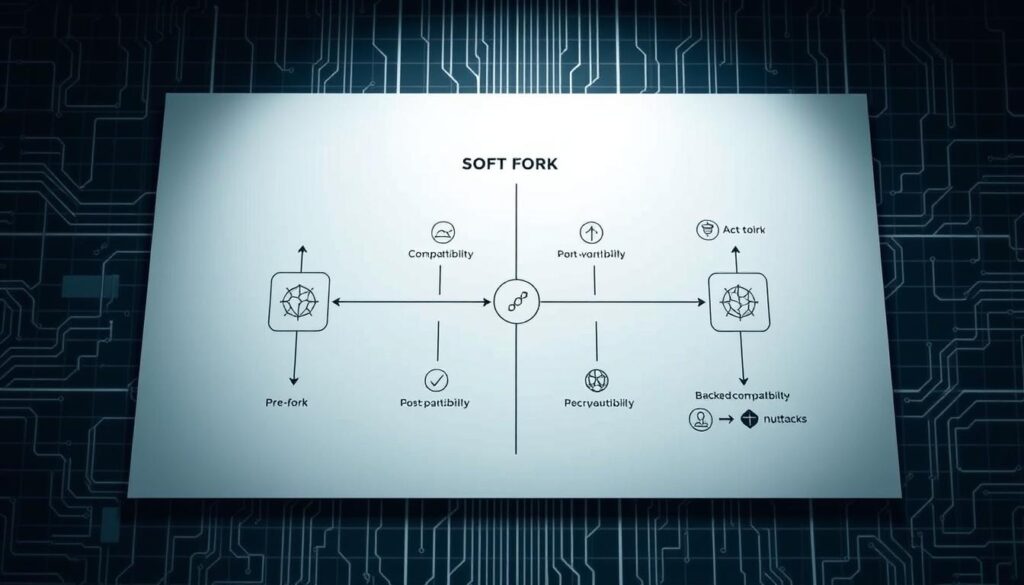 A detailed technical diagram showcasing the key aspects of a soft fork on a blockchain network. The foreground prominently features a clean, minimalist schematic of the soft fork process, with clear visual delineations between the pre-fork and post-fork states. The middle ground includes subtle glyphs, icons, and data visualizations that illustrate the compatibility, backwards-compatibility, and upgrade mechanisms inherent to soft forks. The background features a muted, monochromatic grid pattern evocative of circuit boards or blockchain ledgers, creating a sense of technological sophistication. Lighting is cool and clinical, with sharp contrasts to highlight the technical precision of the subject matter. The overall mood is one of informative clarity, suitable for an educational article on blockchain upgrades.