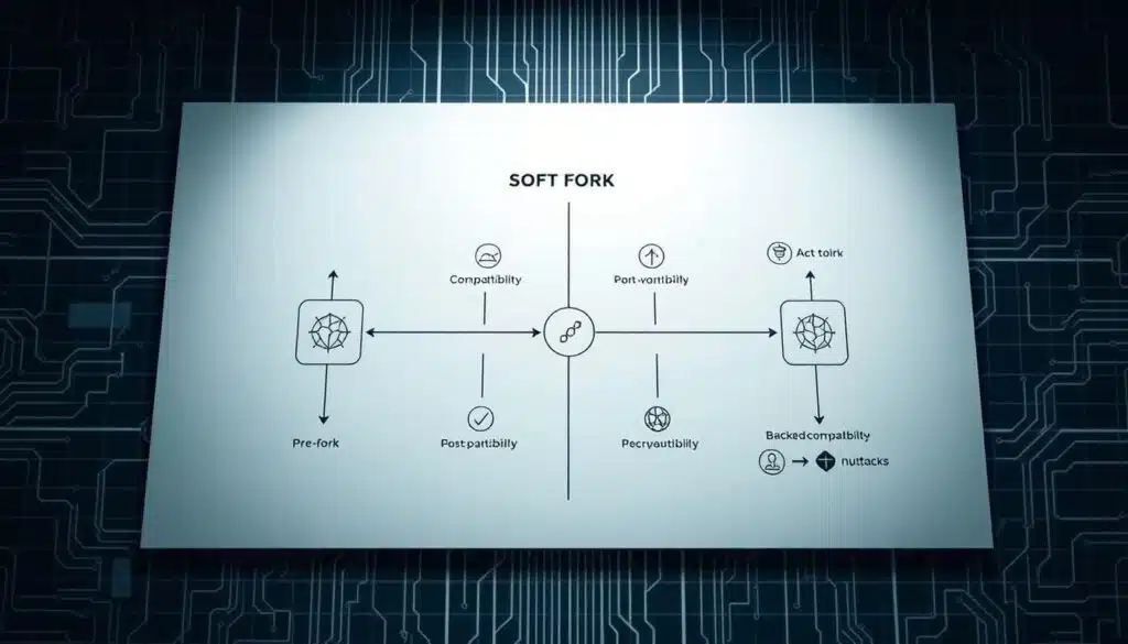 A detailed technical diagram showcasing the key aspects of a soft fork on a blockchain network. The foreground prominently features a clean, minimalist schematic of the soft fork process, with clear visual delineations between the pre-fork and post-fork states. The middle ground includes subtle glyphs, icons, and data visualizations that illustrate the compatibility, backwards-compatibility, and upgrade mechanisms inherent to soft forks. The background features a muted, monochromatic grid pattern evocative of circuit boards or blockchain ledgers, creating a sense of technological sophistication. Lighting is cool and clinical, with sharp contrasts to highlight the technical precision of the subject matter. The overall mood is one of informative clarity, suitable for an educational article on blockchain upgrades.