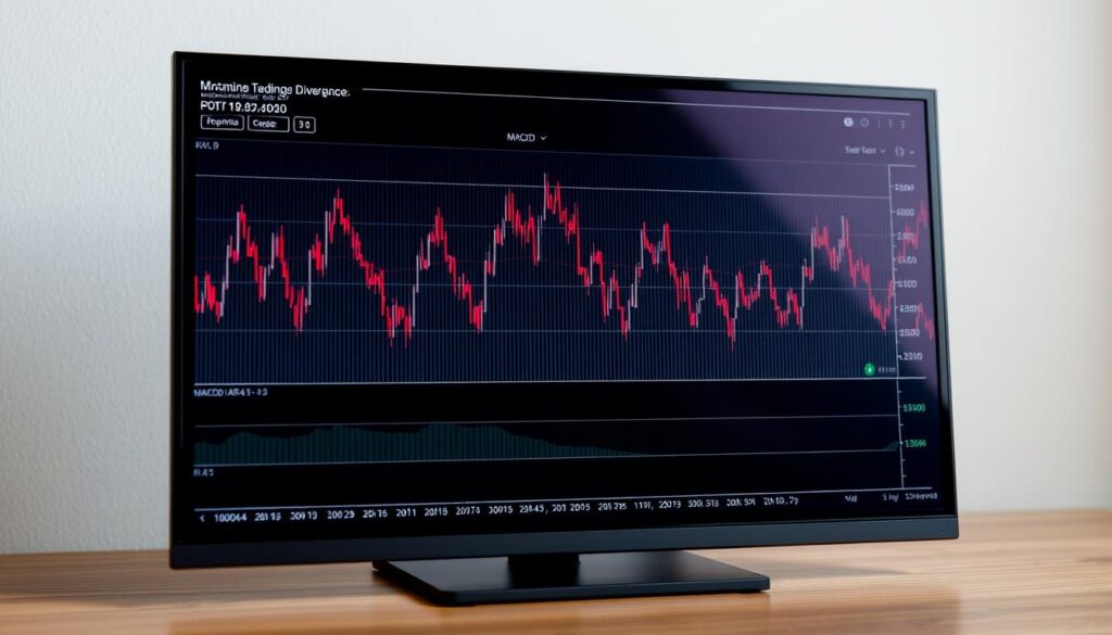A detailed, technical illustration of a dynamic Moving Average Convergence Divergence (MACD) chart. The chart is displayed on a high-resolution digital screen, captured from an optimal angle with soft, natural lighting. The MACD lines are rendered in vivid, contrasting colors, conveying the convergence and divergence patterns clearly. The background is a muted, neutral tone, allowing the chart to be the focal point. The overall atmosphere is one of analytical precision, highlighting the MACD indicator's utility in technical analysis and cryptocurrency trading.