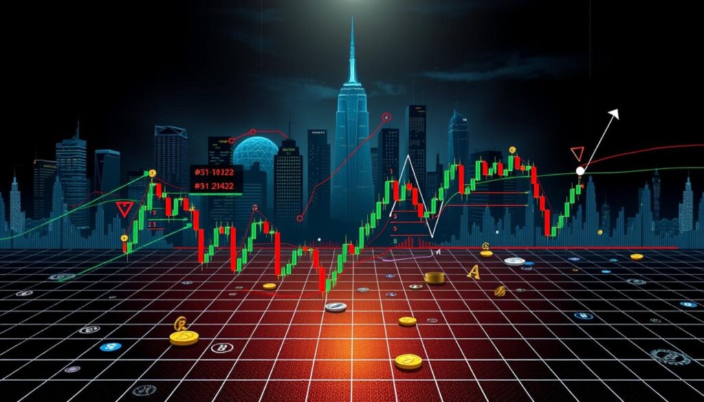 A detailed, technical illustration of crypto market continuation patterns. In the foreground, various candlestick chart formations like triangles, flags, and pennants are prominently displayed against a backdrop of a digital financial landscape. The middle ground features a gridded chart grid overlaid with cryptocurrency symbols and icons, conveying the analytical nature of the subject. The background is a dimly lit, futuristic cityscape with skyscrapers and neon lights, establishing a high-tech, finance-oriented atmosphere. The lighting is dramatic, with sharp contrasts and dramatic shadows, complementing the technical nature of the patterns. The camera angle is a slightly elevated, three-quarter view, giving the viewer a sense of depth and perspective.