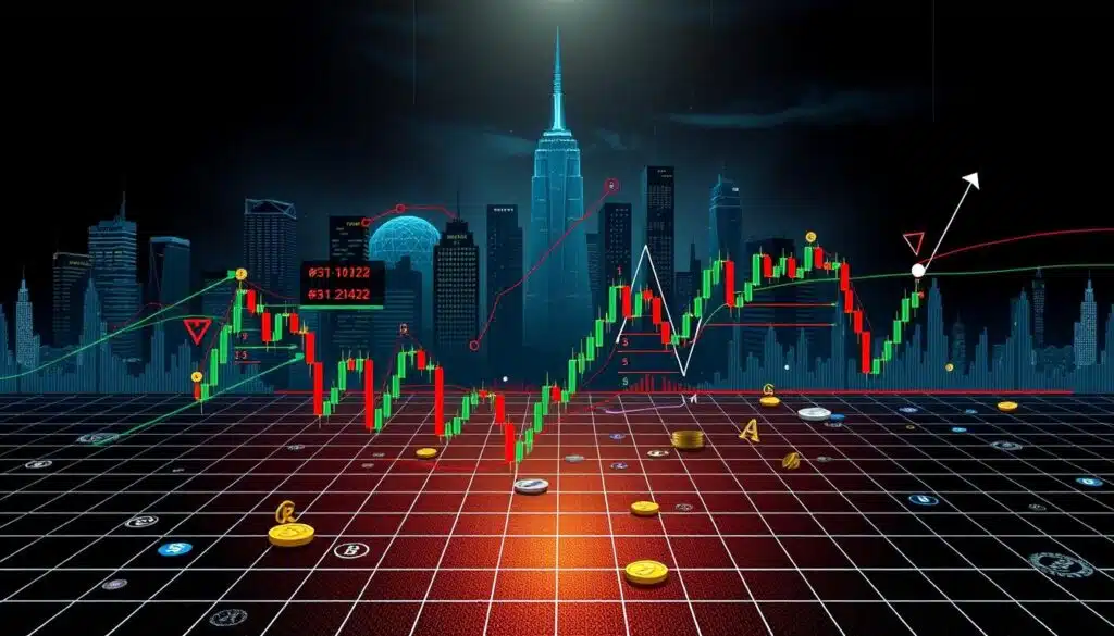 A detailed, technical illustration of crypto market continuation patterns. In the foreground, various candlestick chart formations like triangles, flags, and pennants are prominently displayed against a backdrop of a digital financial landscape. The middle ground features a gridded chart grid overlaid with cryptocurrency symbols and icons, conveying the analytical nature of the subject. The background is a dimly lit, futuristic cityscape with skyscrapers and neon lights, establishing a high-tech, finance-oriented atmosphere. The lighting is dramatic, with sharp contrasts and dramatic shadows, complementing the technical nature of the patterns. The camera angle is a slightly elevated, three-quarter view, giving the viewer a sense of depth and perspective.