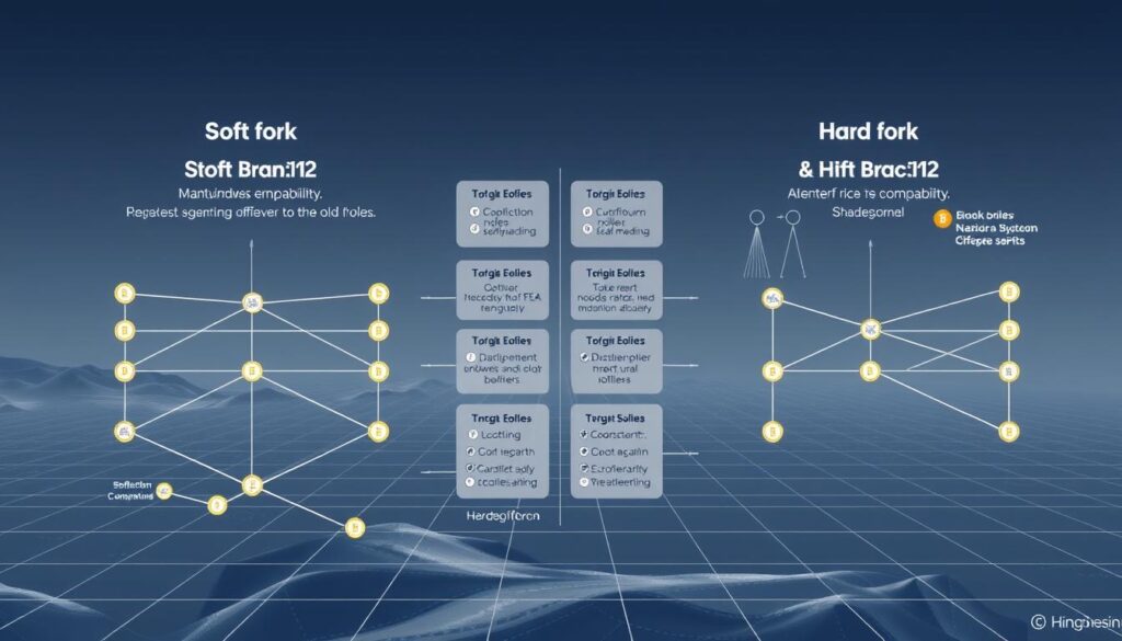 A detailed technical illustration showcasing the comparison between a soft fork and a hard fork in blockchain protocol upgrades. In the foreground, two interconnected blockchain networks are depicted, one undergoing a soft fork and the other a hard fork. The soft fork network maintains backwards compatibility, with nodes following the new rules seamlessly. In contrast, the hard fork network splits into two distinct branches, one adhering to the old rules and the other adopting the new protocol. The middle ground features various technical specifications and diagrams elucidating the key differences between the two approaches. The background is a minimalist, futuristic landscape with subtle grid patterns, conveying the complex yet elegant nature of blockchain technology. A detailed technical illustration showcasing the comparison between a soft fork and a hard fork in blockchain protocol upgrades. In the foreground, two interconnected blockchain networks are depicted, one undergoing a soft fork and the other a hard fork. The soft fork network maintains backwards compatibility, with nodes following the new rules seamlessly. In contrast, the hard fork network splits into two distinct branches, one adhering to the old rules and the other adopting the new protocol. The middle ground features various technical specifications and diagrams elucidating the key differences between the two approaches. The background is a minimalist, futuristic landscape with subtle grid patterns, conveying the complex yet elegant nature of blockchain technology.