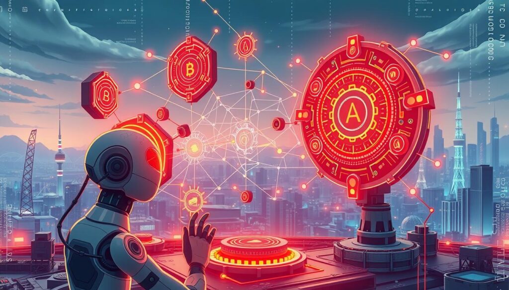 A detailed technical illustration showcasing the intricate mechanics powering decentralized AI services in a blockchain ecosystem. In the foreground, a stylized AI agent interacts with a collection of modular token components, each with its own unique function and purpose. The middle ground depicts a dynamic visualization of the token's on-chain transactions and value flows, represented by glowing lines and geometric shapes. In the background, a serene landscape of futuristic cityscapes and towering server towers, bathed in a cool, ethereal light, symbolizing the infrastructure that sustains the decentralized network. The overall scene conveys a sense of complexity, innovation, and the seamless integration of AI, blockchain, and token-based economics.