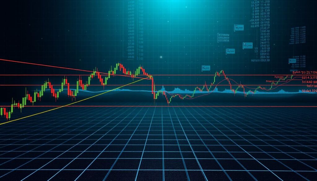 A detailed, technical visualization of essential technical analysis tools for Bitcoin price levels. The foreground features intersecting trendlines, dynamic moving averages, and key support and resistance zones rendered in intricate detail. The middle ground showcases candlestick charts and technical indicators, all bathed in a cool, digital color palette. The background depicts a minimalist, gridded landscape with data streams and code fragments floating ethereally. Sophisticated lighting casts dramatic shadows, creating depth and atmosphere. Captured through a wide-angle lens for maximum impact, this image conveys the power and precision of technical analysis for Bitcoin trading. A detailed, technical visualization of essential technical analysis tools for Bitcoin price levels. The foreground features intersecting trendlines, dynamic moving averages, and key support and resistance zones rendered in intricate detail. The middle ground showcases candlestick charts and technical indicators, all bathed in a cool, digital color palette. The background depicts a minimalist, gridded landscape with data streams and code fragments floating ethereally. Sophisticated lighting casts dramatic shadows, creating depth and atmosphere. Captured through a wide-angle lens for maximum impact, this image conveys the power and precision of technical analysis for Bitcoin trading.