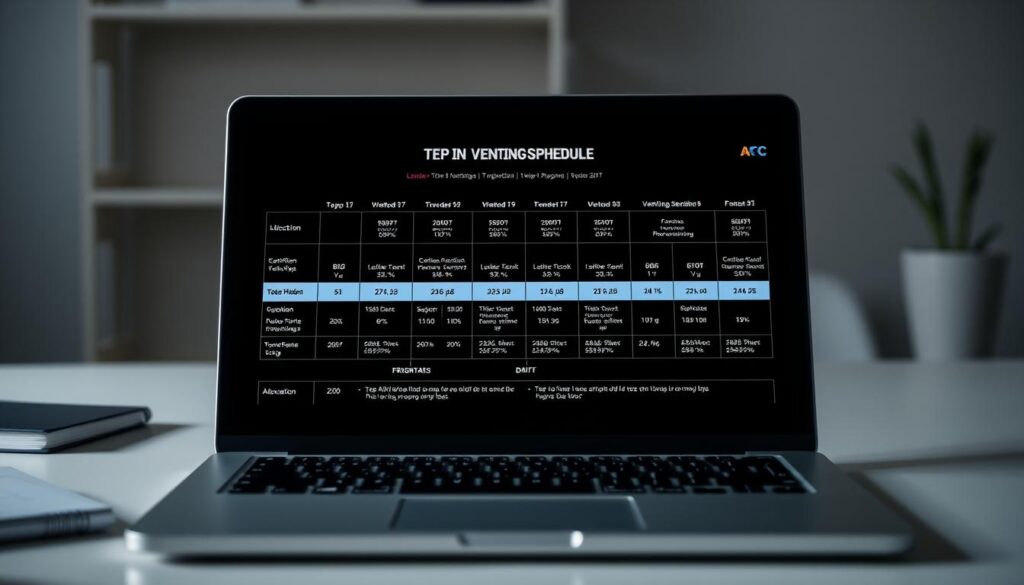 A detailed vesting schedule chart displayed on a sleek, modern laptop screen. The chart shows a clear timeline of token unlock dates, allocation percentages, and key milestones. The design is clean, minimalist, and data-driven, with a focus on highlighting the essential information. Soft, directional lighting illuminates the screen, creating depth and emphasizing the visual hierarchy. The chart is positioned in the center of the frame, with the laptop situated in a clutter-free, professional workspace. The overall mood is one of efficiency, transparency, and trustworthiness, perfectly suited for the article's subject matter.
