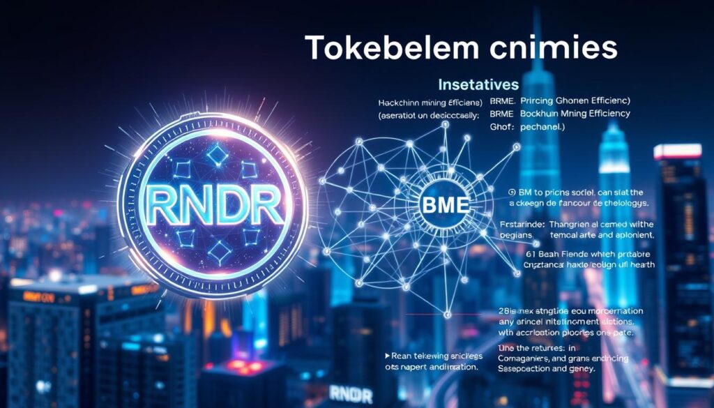 A detailed visual illustration of RNDR tokenomics, showcasing the Render token's pricing model, Blockchain Mining Efficiency (BME) mechanism, and key incentives. In the foreground, a glowing, holographic representation of the RNDR token hovers, its edges pulsing with energy. In the middle ground, a complex, interconnected network of nodes and data streams visualizes the BME algorithm, highlighting the token's dynamic pricing and reward distribution. The background depicts a futuristic, neon-lit cityscape, hinting at the real-world applications and impact of the Render blockchain platform. The overall scene conveys a sense of technological sophistication, financial transparency, and the transformative potential of the RNDR token ecosystem.