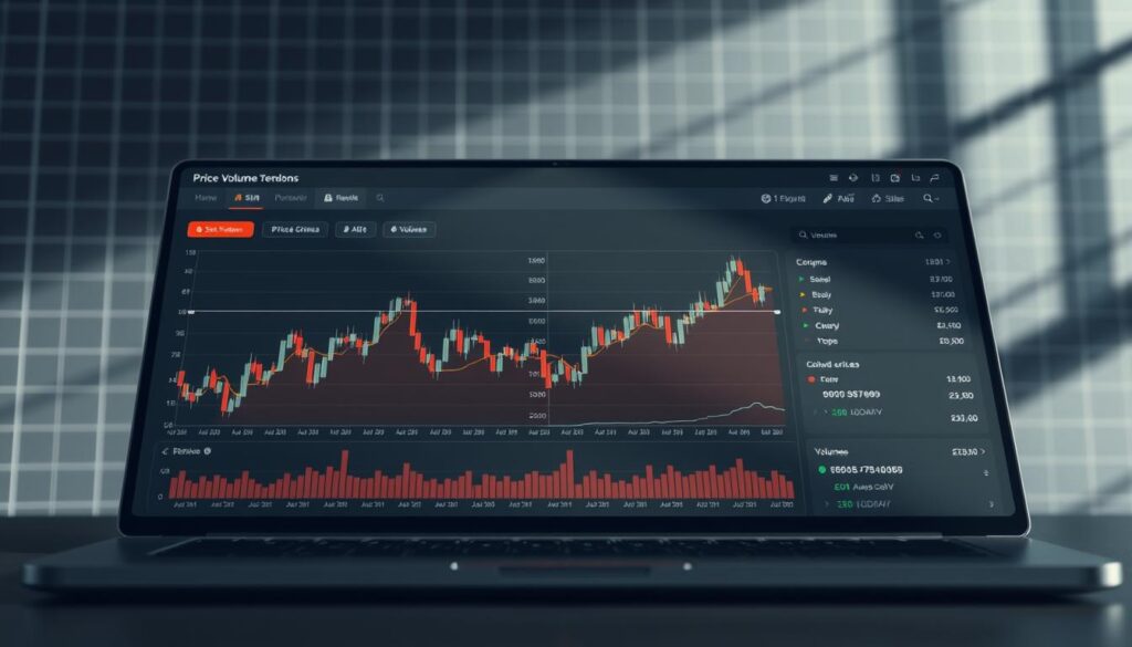 A detailed visualization of price volume trends, displayed on a sleek, modern dashboard interface. In the foreground, a dynamic line chart illustrates the movement of asset prices over time, accompanied by a complementary volume chart. The middle ground features a grid of candlestick charts, providing a deeper analysis of price action. In the background, a subtle grid pattern and muted tones create a sense of structure and professionalism, guiding the viewer's focus to the core data visualizations. Soft, directional lighting casts subtle shadows, enhancing the depth and dimensionality of the scene. The overall atmosphere conveys a sense of analytical insight and technical expertise. A detailed visualization of price volume trends, displayed on a sleek, modern dashboard interface. In the foreground, a dynamic line chart illustrates the movement of asset prices over time, accompanied by a complementary volume chart. The middle ground features a grid of candlestick charts, providing a deeper analysis of price action. In the background, a subtle grid pattern and muted tones create a sense of structure and professionalism, guiding the viewer's focus to the core data visualizations. Soft, directional lighting casts subtle shadows, enhancing the depth and dimensionality of the scene. The overall atmosphere conveys a sense of analytical insight and technical expertise.
