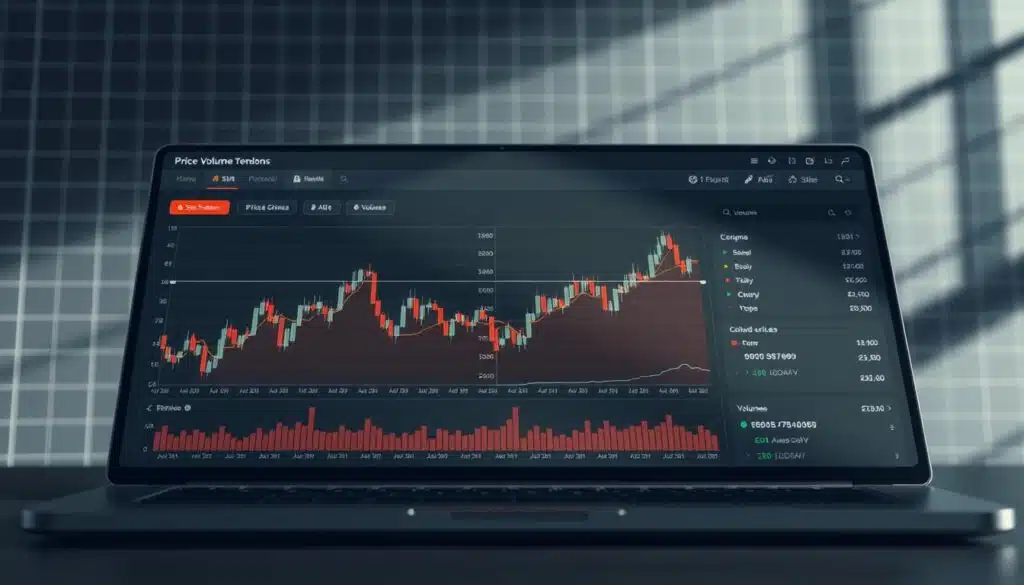 A detailed visualization of price volume trends, displayed on a sleek, modern dashboard interface. In the foreground, a dynamic line chart illustrates the movement of asset prices over time, accompanied by a complementary volume chart. The middle ground features a grid of candlestick charts, providing a deeper analysis of price action. In the background, a subtle grid pattern and muted tones create a sense of structure and professionalism, guiding the viewer's focus to the core data visualizations. Soft, directional lighting casts subtle shadows, enhancing the depth and dimensionality of the scene. The overall atmosphere conveys a sense of analytical insight and technical expertise. A detailed visualization of price volume trends, displayed on a sleek, modern dashboard interface. In the foreground, a dynamic line chart illustrates the movement of asset prices over time, accompanied by a complementary volume chart. The middle ground features a grid of candlestick charts, providing a deeper analysis of price action. In the background, a subtle grid pattern and muted tones create a sense of structure and professionalism, guiding the viewer's focus to the core data visualizations. Soft, directional lighting casts subtle shadows, enhancing the depth and dimensionality of the scene. The overall atmosphere conveys a sense of analytical insight and technical expertise.