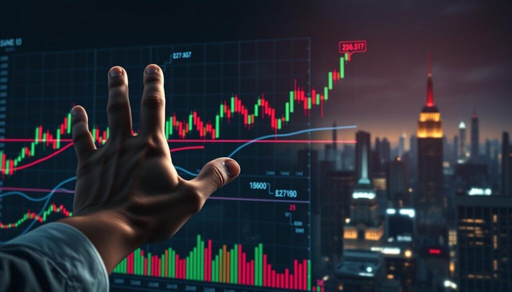 A detailed visualization of psychological factors influencing market trends, centered around the significance of round numbers. In the foreground, a trader's hand gestures amidst colorful candlestick charts and line graphs, reflecting the emotional decision-making process. The middle ground features various analytical tools, such as moving averages and Fibonacci retracement levels, overlaying the price action. In the background, a dimly lit cityscape with skyscrapers symbolizes the broader economic landscape. The lighting is soft and atmospheric, creating a contemplative mood. The composition is balanced, with a focus on the interplay between quantitative analysis and human psychology in shaping market dynamics. A detailed visualization of psychological factors influencing market trends, centered around the significance of round numbers. In the foreground, a trader's hand gestures amidst colorful candlestick charts and line graphs, reflecting the emotional decision-making process. The middle ground features various analytical tools, such as moving averages and Fibonacci retracement levels, overlaying the price action. In the background, a dimly lit cityscape with skyscrapers symbolizes the broader economic landscape. The lighting is soft and atmospheric, creating a contemplative mood. The composition is balanced, with a focus on the interplay between quantitative analysis and human psychology in shaping market dynamics.