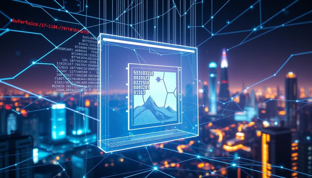 A digital art blockchain verification scene depicting the authentication process of a non-fungible token (NFT). In the foreground, a holographic representation of a blockchain network hovers, with lines of code and transaction data flowing through it. In the middle ground, a digital artwork is displayed, its provenance and ownership history visually represented by interconnected blockchain nodes. The background features a futuristic cityscape, hinting at the broader integration of blockchain technology in the digital art ecosystem. The lighting is a combination of cool, neon-like tones and warm, ethereal highlights, creating a sense of technological mystique. The overall mood conveys the transparency, security, and traceability that blockchain technology brings to the world of digital art. A digital art blockchain verification scene depicting the authentication process of a non-fungible token (NFT). In the foreground, a holographic representation of a blockchain network hovers, with lines of code and transaction data flowing through it. In the middle ground, a digital artwork is displayed, its provenance and ownership history visually represented by interconnected blockchain nodes. The background features a futuristic cityscape, hinting at the broader integration of blockchain technology in the digital art ecosystem. The lighting is a combination of cool, neon-like tones and warm, ethereal highlights, creating a sense of technological mystique. The overall mood conveys the transparency, security, and traceability that blockchain technology brings to the world of digital art.