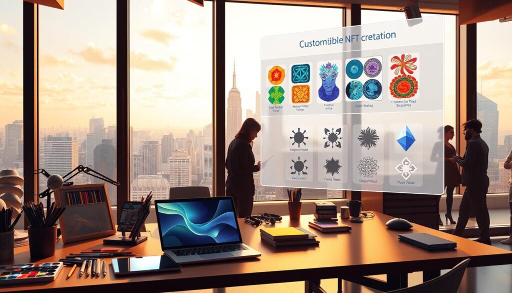 A digital art studio with a large window overlooking a bustling city skyline. On the desk, an array of digital painting tools, tablets, and a sleek laptop. The space is filled with warm, natural lighting, creating a productive and creative atmosphere. In the foreground, a floating display showcases customizable NFT creation features, such as unique character designs, vibrant color palettes, and intricate patterns. The background features silhouettes of digital artists collaborating and sharing ideas, highlighting the collaborative nature of the NFT creation process. The overall scene conveys the power and flexibility of free NFT generator tools, empowering digital artists to bring their visions to life.