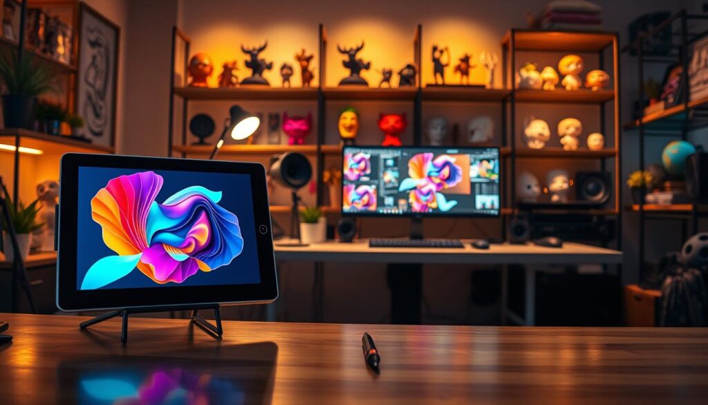 A digital art studio with an array of creative tools and digital canvases. In the foreground, a modern tablet display showcases a vibrant, layered digital artwork, hinting at the versatility of NFT art creation. The middle ground features a desk with a sleek, high-end computer setup, complete with a pressure-sensitive drawing tablet and a sophisticated software interface. In the background, shelves display various digital collectibles, ranging from 3D sculptures to animated characters, suggesting the wide possibilities for creating unique NFT assets. The lighting is warm and ambient, creating a productive and inspirational atmosphere for the digital artist. The overall composition conveys the power and potential of the best software for crafting captivating digital collectibles.