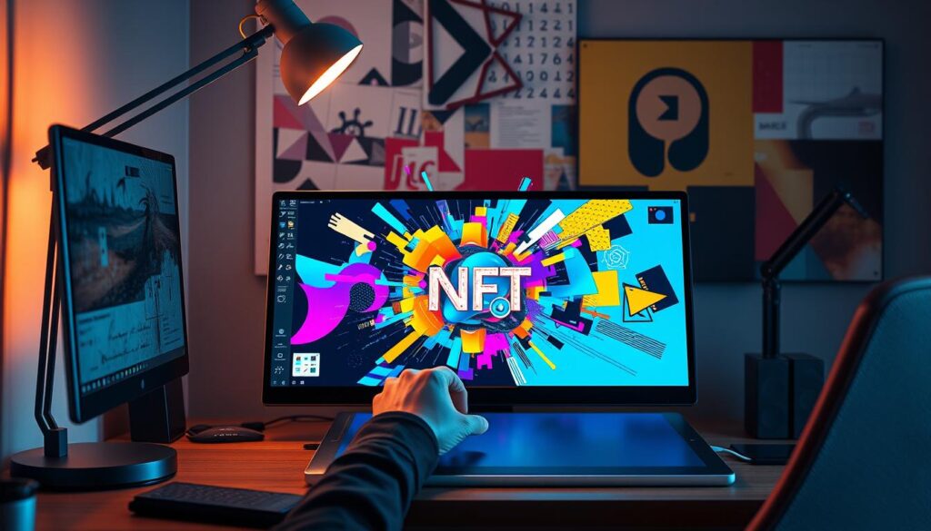 A digital artist's workspace, with a sleek desktop computer, a graphics tablet, and a stylish desk lamp illuminating the scene. In the center, a vibrant, abstract NFT design is being meticulously crafted, the artist's hands deftly manipulating digital tools. Surrounding the workspace, a collage of geometric shapes, bold colors, and dynamic patterns evokes the cutting-edge world of NFT creation. The lighting is soft and warm, creating a focused, creative atmosphere. The overall composition conveys the seamless integration of technology and artistic expression, capturing the essence of the NFT creation workflow.