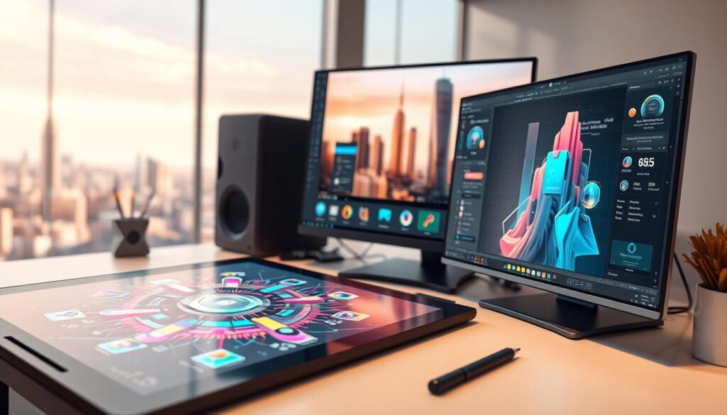 A digital artist's workspace, with a sleek desktop computer, a stylus-equipped graphics tablet, and a large monitor displaying a digital canvas. The foreground features an intricate digital artwork in the process of being created, with vibrant colors, clean lines, and a futuristic aesthetic. The middle ground showcases various digital tools, such as 3D modeling software, NFT minting platforms, and cryptocurrency wallets, hinting at the technical aspects of the NFT creation process. The background depicts a blurred, minimalist cityscape, conveying a sense of technological progress and innovation. The overall scene is bathed in a warm, soft lighting, creating a serene and focused atmosphere.