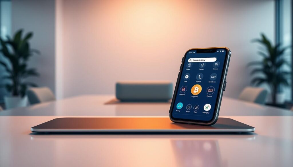 A digital crypto wallet with an intuitive user interface, prominently displayed on a sleek, modern desk. In the foreground, the wallet's advanced security features are visible, including biometric authentication and multi-factor encryption. The middle ground showcases the wallet's seamless integration with a variety of digital assets, represented by elegant icons and visualizations. The background depicts a serene, minimalist office setting, bathed in warm, natural lighting, conveying a sense of trust and reliability in the crypto wallet solution.