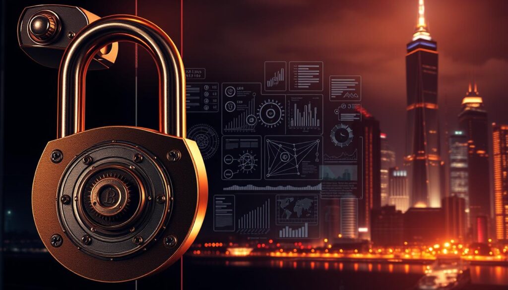 A digital illustration depicting the concept of security and risk reduction for crypto token offerings. In the foreground, a sturdy lock mechanism with intricate metallic gears and mechanisms, conveying a sense of robust protection. The middle ground features an array of data visualizations, network diagrams, and analytical charts, representing the due diligence and auditing processes. In the background, a dimly lit cityscape with tall skyscrapers, evoking a sense of the complex, high-stakes financial landscape. The lighting is dramatic, with warm highlights and cool shadows, creating an atmosphere of seriousness and professionalism. The overall composition emphasizes the importance of comprehensive security measures and risk mitigation strategies in the context of crypto token fundraising.