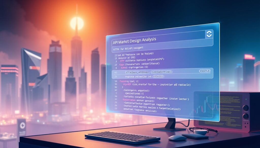A digital illustration of a RESTful API endpoint design for crypto market analysis. The scene depicts a futuristic city skyline in the background, with sleek skyscrapers and a hazy, neon-lit atmosphere. In the foreground, a holographic display showcases a detailed API endpoint design, complete with HTTP methods, resource paths, and response schemas. The middle ground features a developer workstation, with a laptop, keyboard, and various coding tools and frameworks. The lighting is a combination of warm and cool tones, creating a dynamic and tech-savvy ambiance. The overall composition emphasizes the intersection of finance, technology, and data-driven insights, capturing the essence of the "Crypto Market Analysis API for Developers Guide 2024."