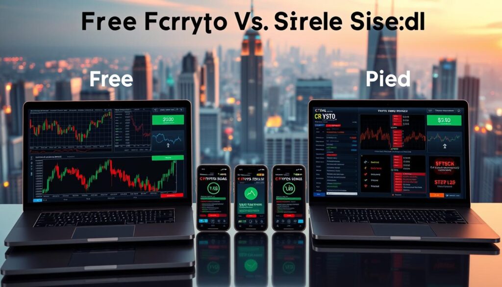 A digital landscape depicting a side-by-side comparison of free and paid crypto signal services. In the foreground, two laptop screens display detailed financial charts and market data, conveying the analytical capabilities of these services. The middle ground features a series of smartphone screens, each showcasing a different crypto signal, highlighting the real-time nature of the updates. In the background, a futuristic cityscape with skyscrapers and digital displays creates a sense of the high-tech, fast-paced world of cryptocurrency trading. The scene is illuminated by a soft, warm lighting that sets a professional and authoritative tone, reflecting the expertise and reliability of the signal services.