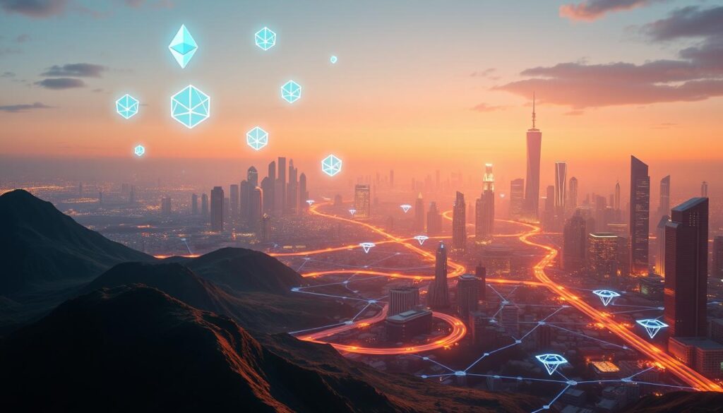 A digital landscape depicting major blockchain platforms and smart contracts. In the foreground, a clean and minimalist representation of popular blockchain networks like Ethereum, Solana, and Polkadot, each with their own distinct visual identity. Floating above them, glowing smart contract icons in geometric shapes, symbolizing the advanced programmability and automation enabled by these distributed ledger technologies. The middle ground features an array of smaller blockchain projects and decentralized applications, connected by shimmering data streams. The background showcases a futuristic cityscape, with towering skyscrapers and holographic displays, hinting at the transformative impact of blockchain-powered innovations. The overall scene is bathed in a warm, optimistic glow, conveying the promise of a more secure, transparent, and efficient digital future.