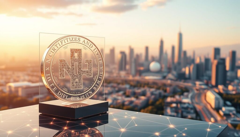 A digital landscape depicting the core principles of non-fungible tokens (NFTs). In the foreground, a 3D holographic representation of an NFT, its unique digital certificate of ownership and authenticity shimmering with intricate details. In the middle ground, a network of interconnected nodes representing the blockchain technology that powers NFTs, with data flows and transaction records visualized. In the background, a sleek, minimalist cityscape of skyscrapers and urban infrastructure, symbolizing the integration of NFTs into the digital economy. Warm, diffused lighting casts an aura of innovation and progress, while a cinematic depth-of-field focuses attention on the central NFT element. The overall composition conveys the core ideas of digital scarcity, immutability, and decentralized ownership that define the NFT ecosystem. A digital landscape depicting the core principles of non-fungible tokens (NFTs). In the foreground, a 3D holographic representation of an NFT, its unique digital certificate of ownership and authenticity shimmering with intricate details. In the middle ground, a network of interconnected nodes representing the blockchain technology that powers NFTs, with data flows and transaction records visualized. In the background, a sleek, minimalist cityscape of skyscrapers and urban infrastructure, symbolizing the integration of NFTs into the digital economy. Warm, diffused lighting casts an aura of innovation and progress, while a cinematic depth-of-field focuses attention on the central NFT element. The overall composition conveys the core ideas of digital scarcity, immutability, and decentralized ownership that define the NFT ecosystem.