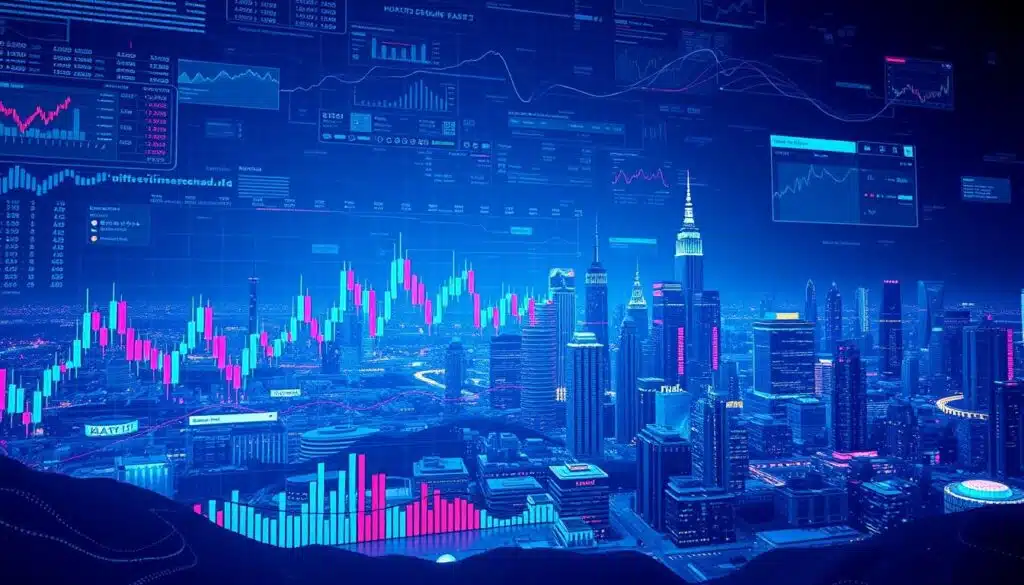 A digital landscape depicting the intricate patterns and trends of the cryptocurrency market. In the foreground, a dynamic line graph illustrates the fluctuating prices of various digital assets, with candlestick patterns and volume indicators providing insights into market behavior. The middle ground features a grid of colorful charts and data visualizations, showcasing the seasonal cycles and recurring patterns that characterize the crypto market. In the background, a stylized cityscape of skyscrapers and futuristic architecture sets the scene, conveying the cutting-edge, technology-driven nature of the cryptocurrency ecosystem. The image is bathed in a cool, neon-infused lighting, creating a sense of technological sophistication and data-driven analysis.