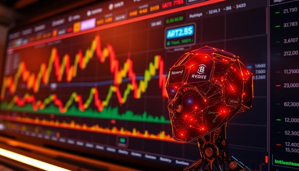 A digital trading dashboard with a futuristic interface, displaying cryptocurrency price charts, technical indicators, and trading signals. The display is illuminated by a warm, ambient lighting, creating a sense of focus and intensity. The charts are rendered with precise detail, showcasing fluctuating line graphs and dynamic data visualizations. In the foreground, a sophisticated AI algorithm analyzes the market data, generating intelligent trading recommendations and actionable insights. The overall atmosphere evokes a fusion of cutting-edge technology and the thrill of financial opportunity.