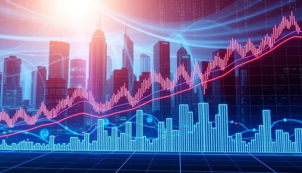 A digital visualization of financial data analysis techniques. In the foreground, a dynamic chart displaying two intersecting lines representing moving averages, with Bollinger Bands enveloping the price data. The middle ground features a stylized 3D wireframe model of a stock chart, with the lines and bands pulsing and morphing in sync. In the background, a futuristic cityscape of skyscrapers and data centers, bathed in a cool, neon-tinged color palette. Beams of light and data streams weave through the scene, creating a sense of technological elegance and financial complexity. The overall mood is one of precision, fluidity, and the power of data-driven investment strategies.