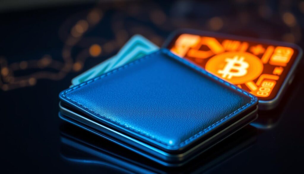 A digital wallet holding virtual currency, with a cold wallet representing secure offline storage and a hot wallet symbolizing connected, internet-enabled access. In the foreground, the cold wallet appears as a sleek, metallic hardware device, its surface reflecting a cool, blue-tinged light. In the background, the hot wallet manifests as a glowing, warm-hued mobile device or desktop application, pulsing with the energy of the connected online world. Between them, a visual metaphor of the contrast between the robust offline security of a cold wallet and the convenience yet vulnerability of a hot wallet for storing digital assets.
