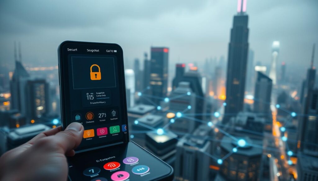 A digital wallet setup and security scene. In the foreground, a sleek, modern wallet interface with colorful icons and buttons representing various security features - biometric authentication, encrypted private keys, and transaction history. The middle ground showcases a virtual representation of a blockchain network, with nodes and connections visualizing the secure data flow. In the background, a futuristic cityscape with towering skyscrapers, glowing neon lights, and a sense of technological advancement. Soft, diffused lighting creates an atmospheric, immersive feel, while the camera angle suggests a bird's-eye view, conveying a sense of control and overview of the digital wallet ecosystem. A digital wallet setup and security scene. In the foreground, a sleek, modern wallet interface with colorful icons and buttons representing various security features - biometric authentication, encrypted private keys, and transaction history. The middle ground showcases a virtual representation of a blockchain network, with nodes and connections visualizing the secure data flow. In the background, a futuristic cityscape with towering skyscrapers, glowing neon lights, and a sense of technological advancement. Soft, diffused lighting creates an atmospheric, immersive feel, while the camera angle suggests a bird's-eye view, conveying a sense of control and overview of the digital wallet ecosystem.