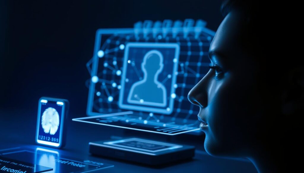 A digitally-enhanced identity verification system with biometric sensors and blockchain integration. In the foreground, a futuristic fingerprint scanner and iris recognition module emit a faint blue glow. The middle ground features a holographic interface displaying secure identification data, with floating data points and vectors connecting multiple nodes. In the background, a low-polygon 3D mesh renders a stylized blockchain network, its distributed ledger represented by a grid of interconnected hexagons. The scene is bathed in a cool, minimalist color palette, conveying a sense of advanced technology, security, and efficiency. Dramatic backlighting and depth-of-field blur enhance the sense of depth and focus the viewer's attention on the core identity verification components.