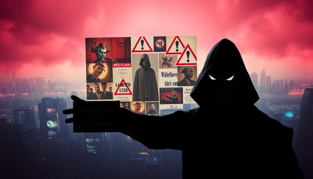 A digitally rendered scene depicting common NFT scams. In the foreground, a shadowy figure with a sinister grin offers a "limited edition" NFT, while in the middle ground, a collage of red flags emerges - pixelated art, plagiarized designs, and inflated prices. The background is a hazy, neon-tinged cityscape, suggesting the urban sprawl of the digital landscape. The lighting is dramatic, with harsh shadows and ominous undertones, conveying a sense of unease and deception. The overall mood is one of caution and vigilance, urging viewers to be wary of the many pitfalls that lurk in the world of non-fungible tokens.