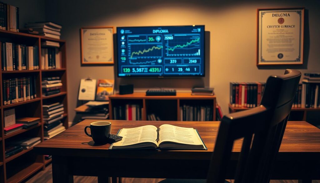 A dimly lit academic setting, with a wooden desk and chair in the foreground. On the desk, an open textbook, a calculator, and a mug of coffee, conveying an atmosphere of focused study. In the middle ground, shelves of cryptocurrency-themed books and a wall-mounted monitor displaying various cryptocurrency charts and statistics. The background features a bookshelf with a diploma or certificate prominently displayed, hinting at the educational nature of the scene. Soft, warm lighting casts a cozy, contemplative mood, as the learner prepares for their cryptocurrency certification exam.