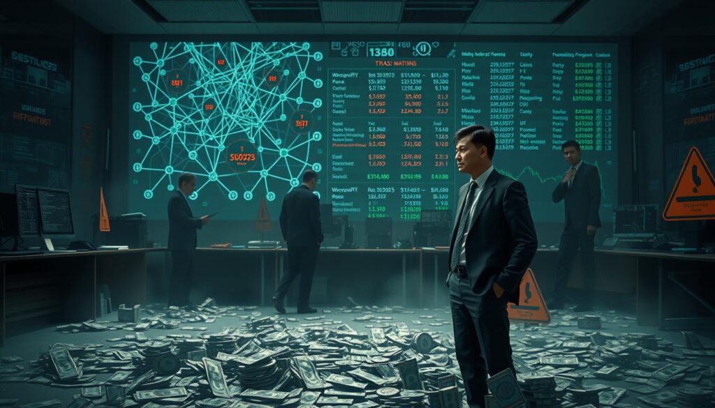 A dimly lit corporate office, with a large computer screen displaying a complicated web of connections and suspicious-looking transactions. In the foreground, a worried-looking businessman stands, surrounded by a haze of dollar signs and scattered piles of worthless NFT tokens. The middle ground features shadowy figures exchanging shady deals, while the background is a maze of obfuscated financial data and ominous warning signs. The scene conveys a sense of unease, deception, and the heavy toll that NFT scams have taken on unsuspecting investors.