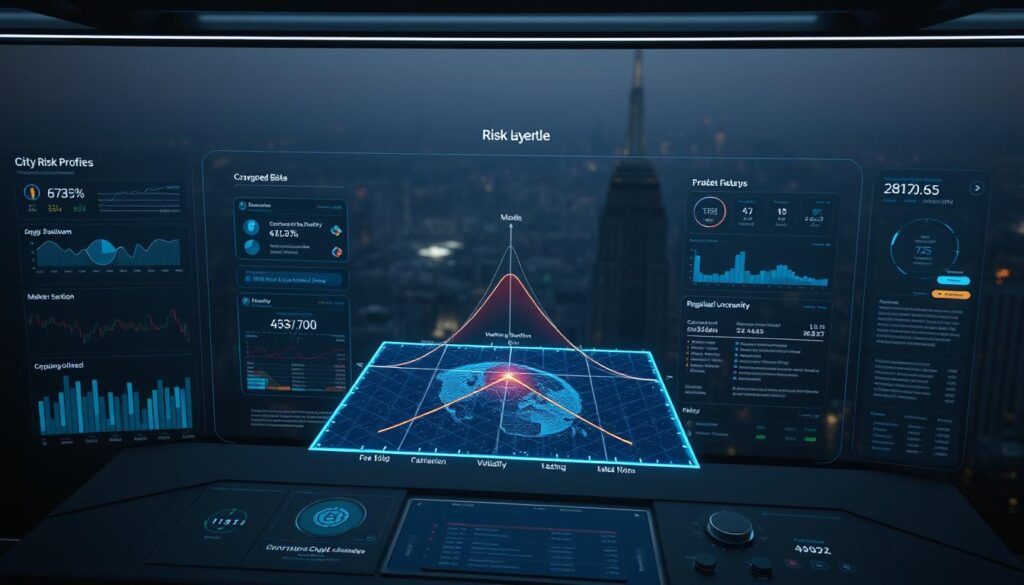 A dimly lit, futuristic data visualization dashboard displaying a multi-layered risk profile for cryptocurrency investments. In the foreground, a central holographic display depicts a dynamic, three-dimensional risk matrix, with axes representing volatility, market sentiment, and regulatory uncertainty. Surrounding this, a series of interconnected data streams and analytics visualizations provide deeper insights into emerging trends, trading patterns, and macroeconomic factors. The middle ground features a sleek, minimalist user interface, with intuitive controls and customizable risk modeling tools. In the background, a panoramic view of a bustling financial district, hazy under an atmospheric, subdued lighting, sets the scene for this high-tech, data-driven approach to understanding and managing crypto market risks.